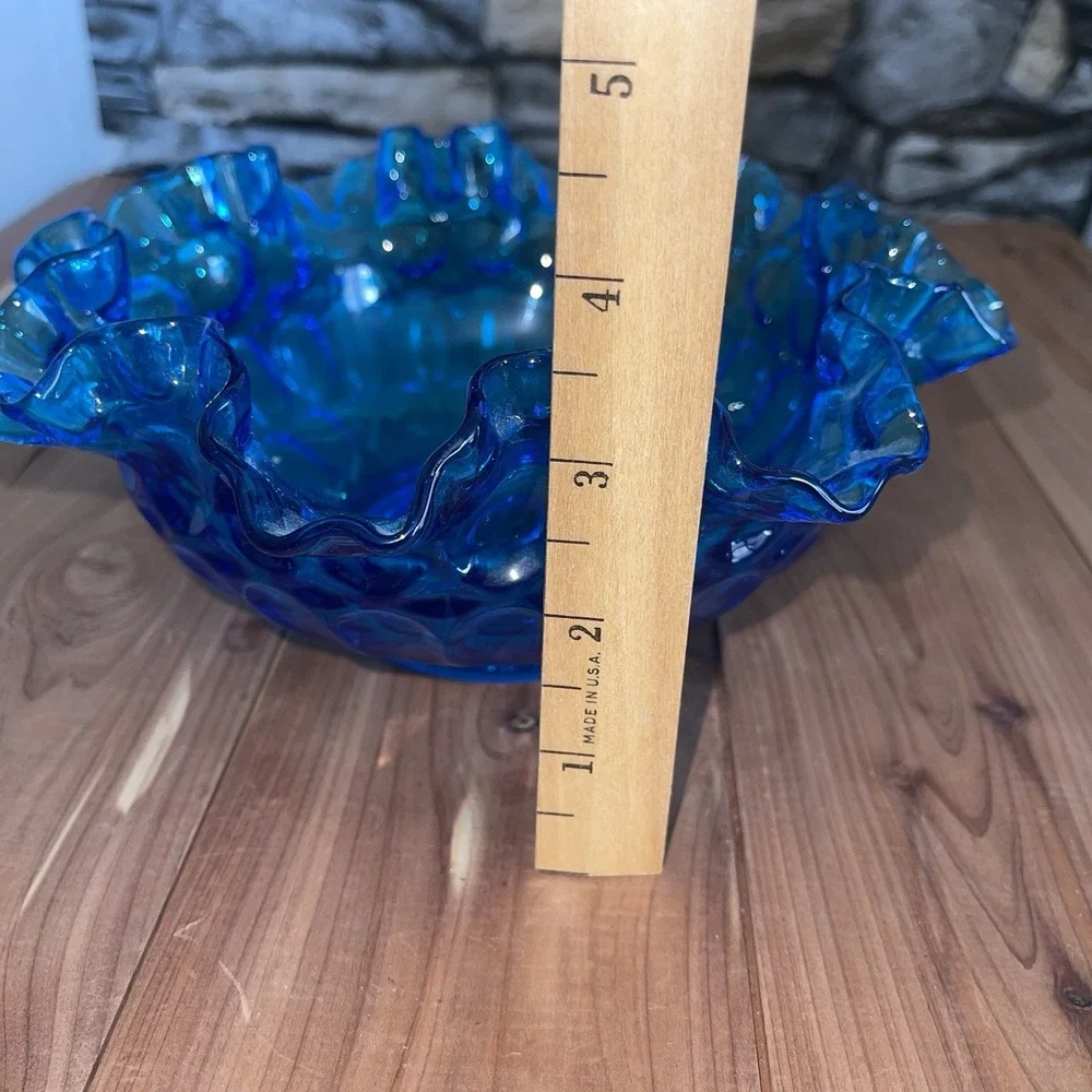 Cobalt Blue Thumbprint Bride Bowl with Double Crimped Ruffled Edge 1970 s